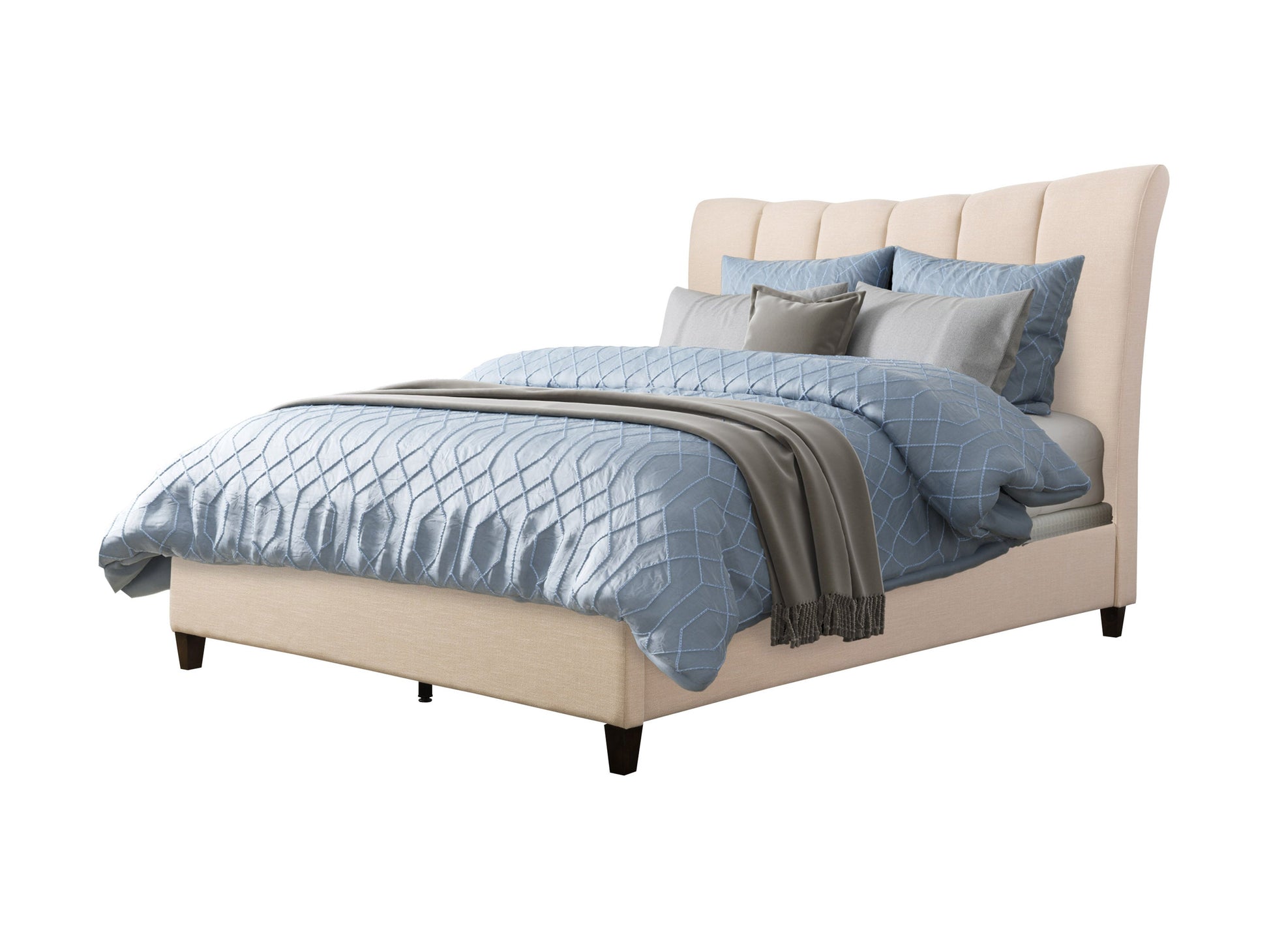 Cream channel tufted queen bed with plush velvet upholstery, elegant curved headboard, and gold metal legs. Perfect for modern bedrooms seeking a luxurious and stylish centerpiece.