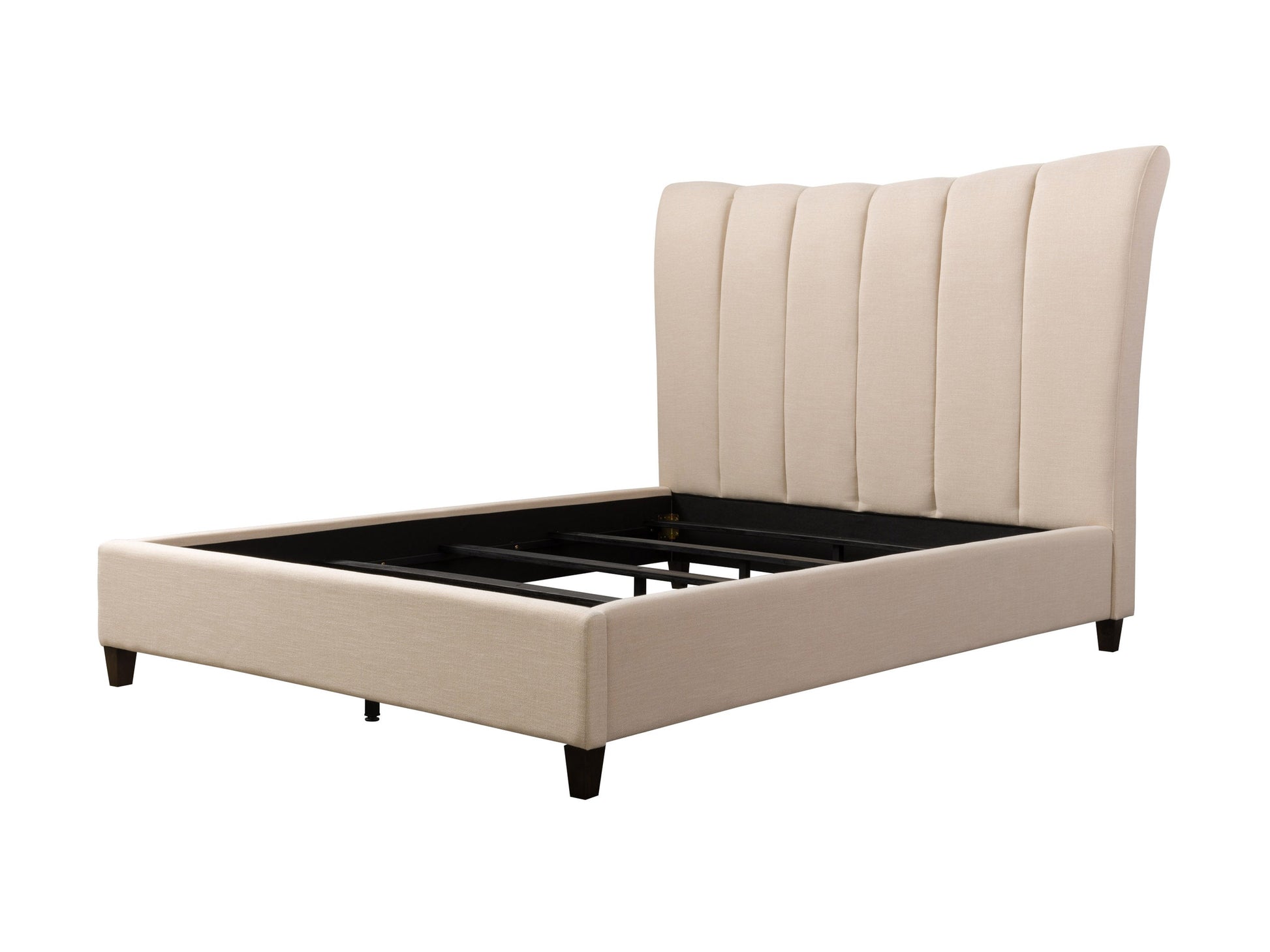 Cream channel tufted queen bed with plush velvet upholstery, elegant curved headboard, and gold metal legs. Perfect for modern bedrooms seeking a luxurious and stylish centerpiece.