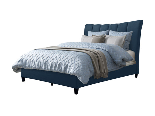 Navy blue channel tufted queen bed with plush velvet upholstery, sleek low-profile design, wooden legs, and elegant vertical stitching. Ideal for modern bedrooms seeking a luxurious and stylish centerpiece.