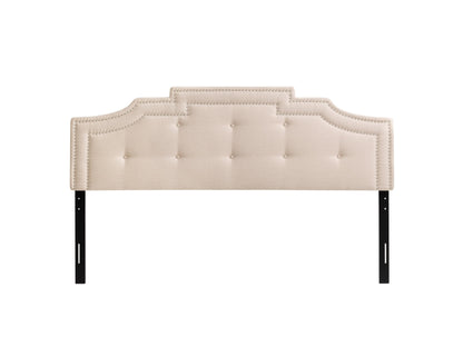 King-sized padded headboard with tufted upholstery in beige fabric, featuring a soft, cushioned texture and elegant button detailing. Ideal for enhancing bedroom decor with comfort and style.