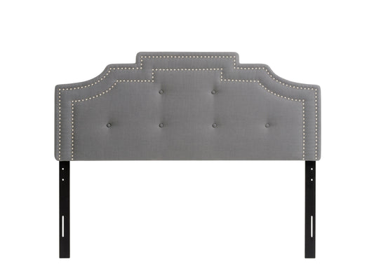 Light grey padded queen headboard with tufted design, soft fabric texture, and sturdy construction. Ideal for modern bedrooms, offering both comfort and style.