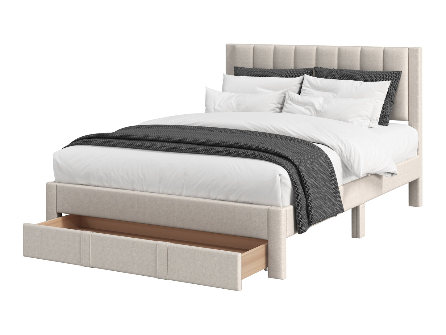 Channel Tufted Beige King Bed with Storage