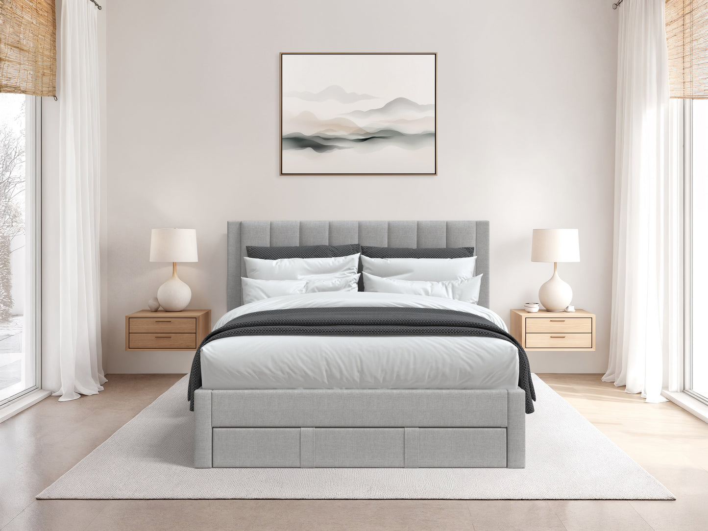 Channel Tufted Grey Double Bed with Storage