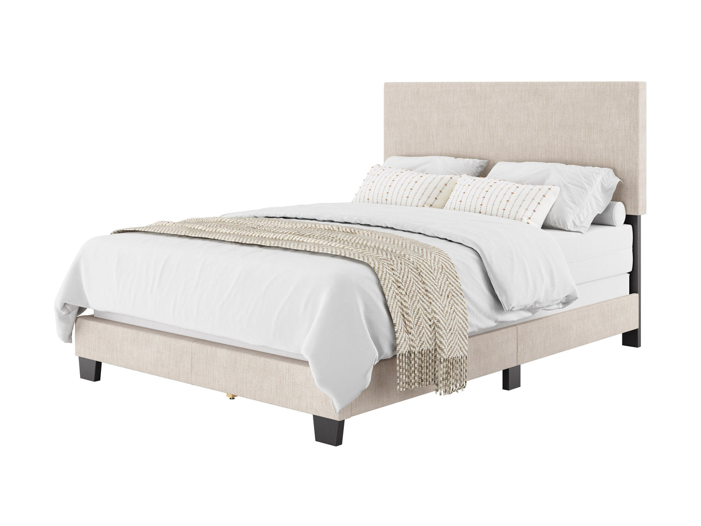 Beige modern full/double bed with upholstered headboard, wooden frame, and clean lines, perfect for contemporary bedroom decor.