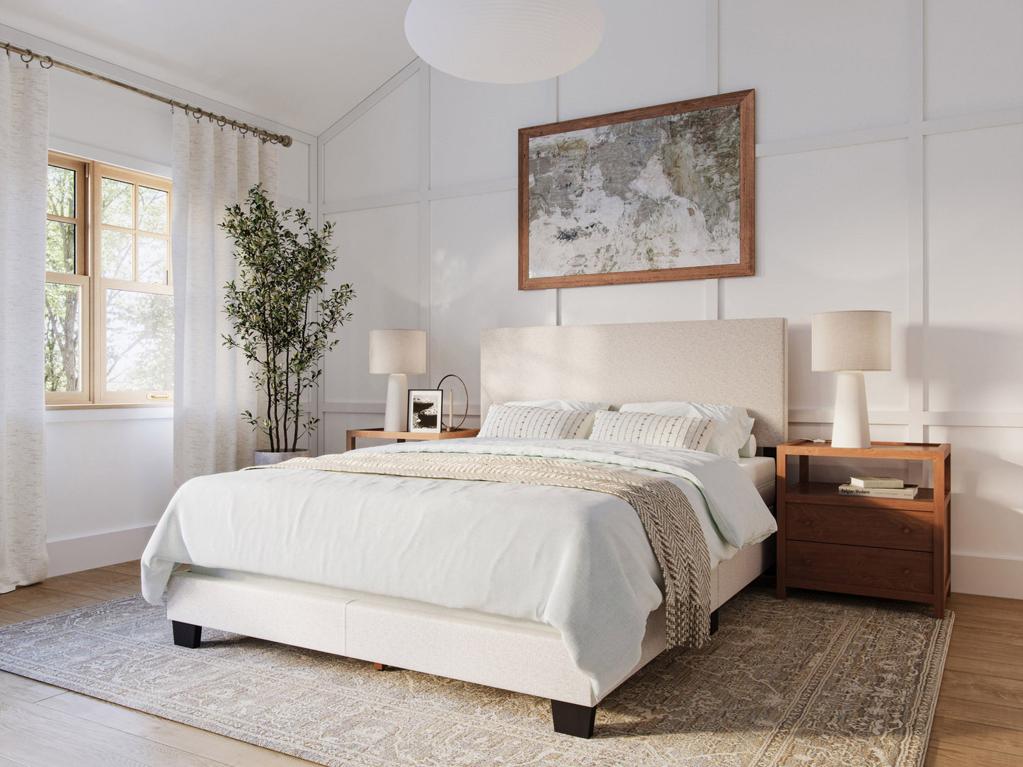 Modern queen bed with beige upholstered headboard and frame, featuring a sleek, minimalist design. The bed has wooden legs and a soft, textured fabric, perfect for contemporary bedroom decor.