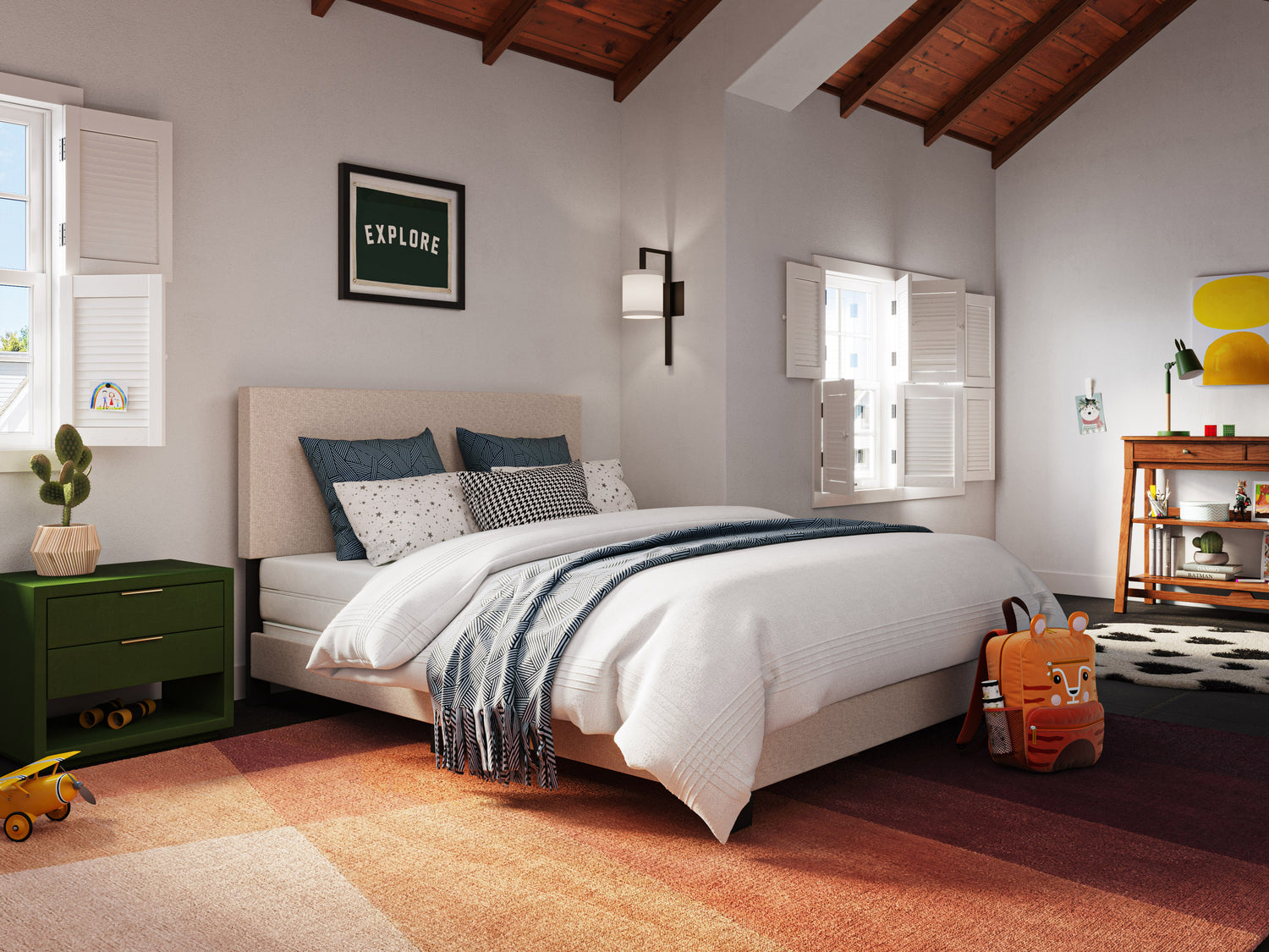 Modern queen bed with a sleek gray upholstered headboard, dark wooden frame, and clean lines, set in a minimalist bedroom with white walls and natural light.