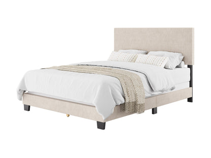 Modern queen bed with beige upholstered headboard and frame, featuring a sleek, minimalist design. The bed has wooden legs and a soft, textured fabric, perfect for contemporary bedroom decor.