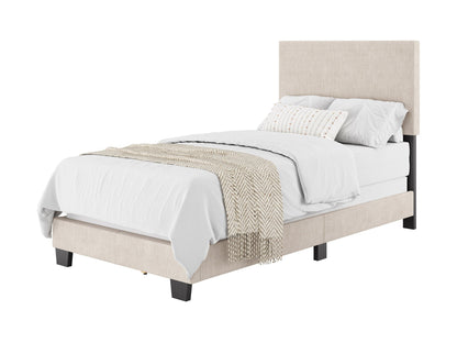 Beige twin/single bed with upholstered headboard, wooden frame, and minimalist design. Ideal for modern bedrooms, featuring soft fabric texture and sturdy construction for comfortable sleep.