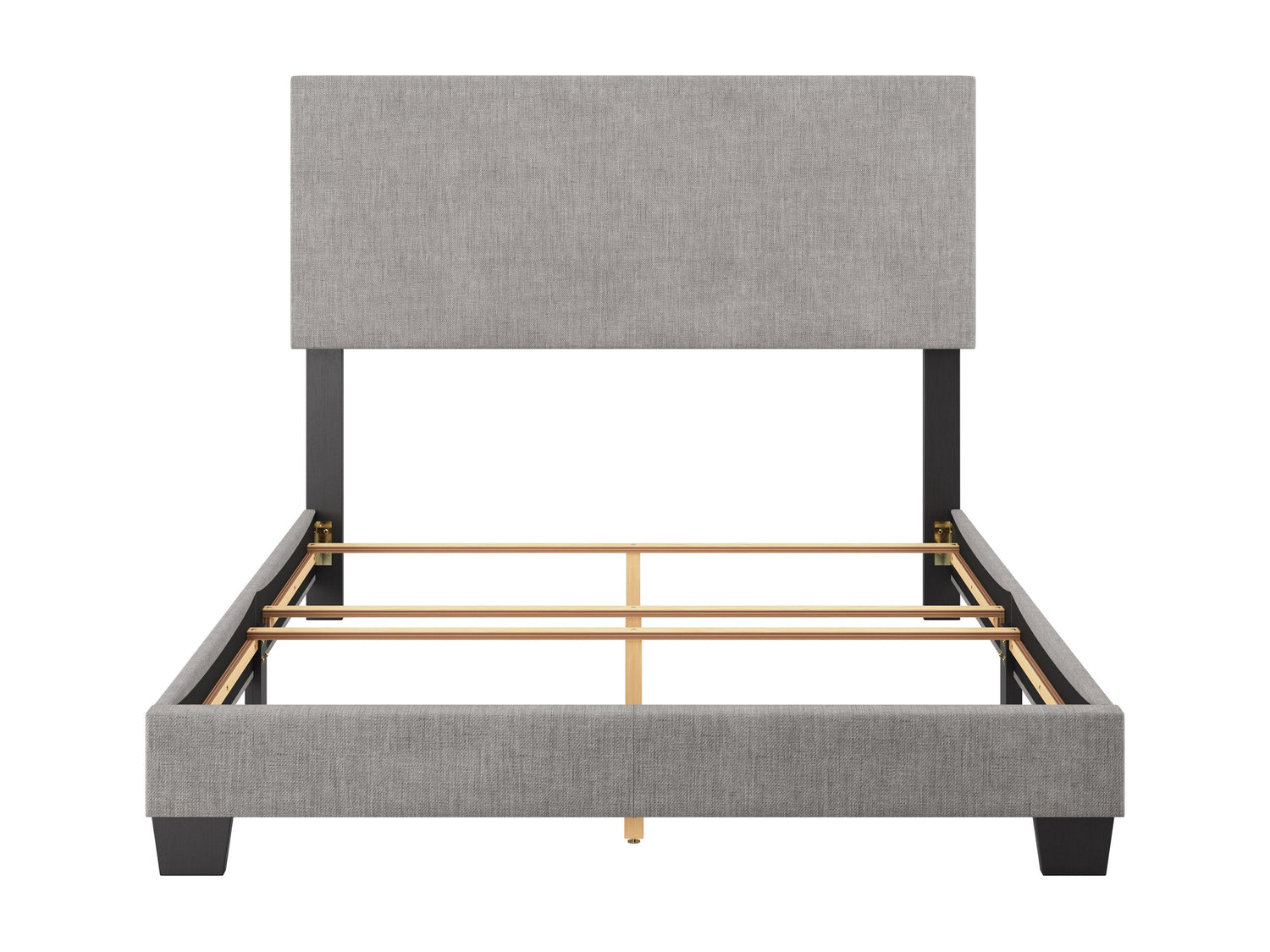 Modern full double bed with gray upholstered headboard, wooden frame, and slatted base. Features clean lines, minimalist design, and sturdy construction, perfect for contemporary bedrooms.