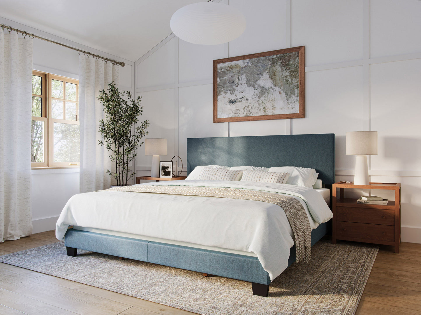 Blue modern king bed with upholstered headboard, sleek wooden frame, and minimalist design. Features plush fabric, sturdy construction, and contemporary style, perfect for a chic bedroom makeover.