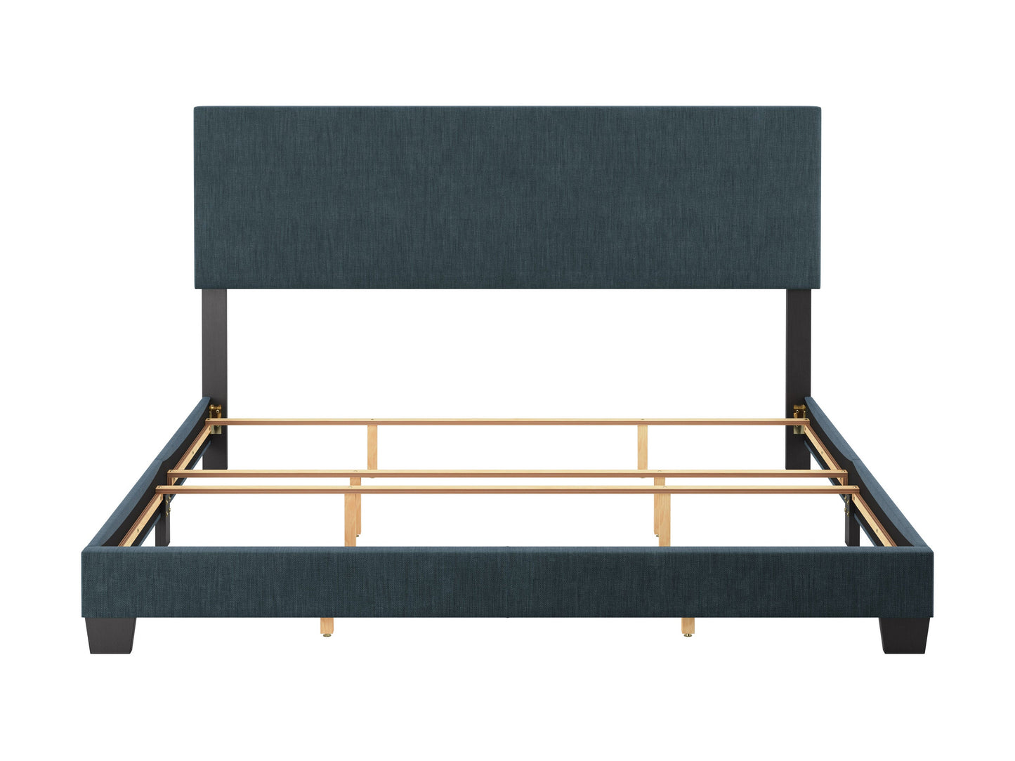 Blue modern king bed with upholstered headboard, sleek wooden frame, and minimalist design. Features plush fabric, sturdy construction, and contemporary style, perfect for a chic bedroom makeover.