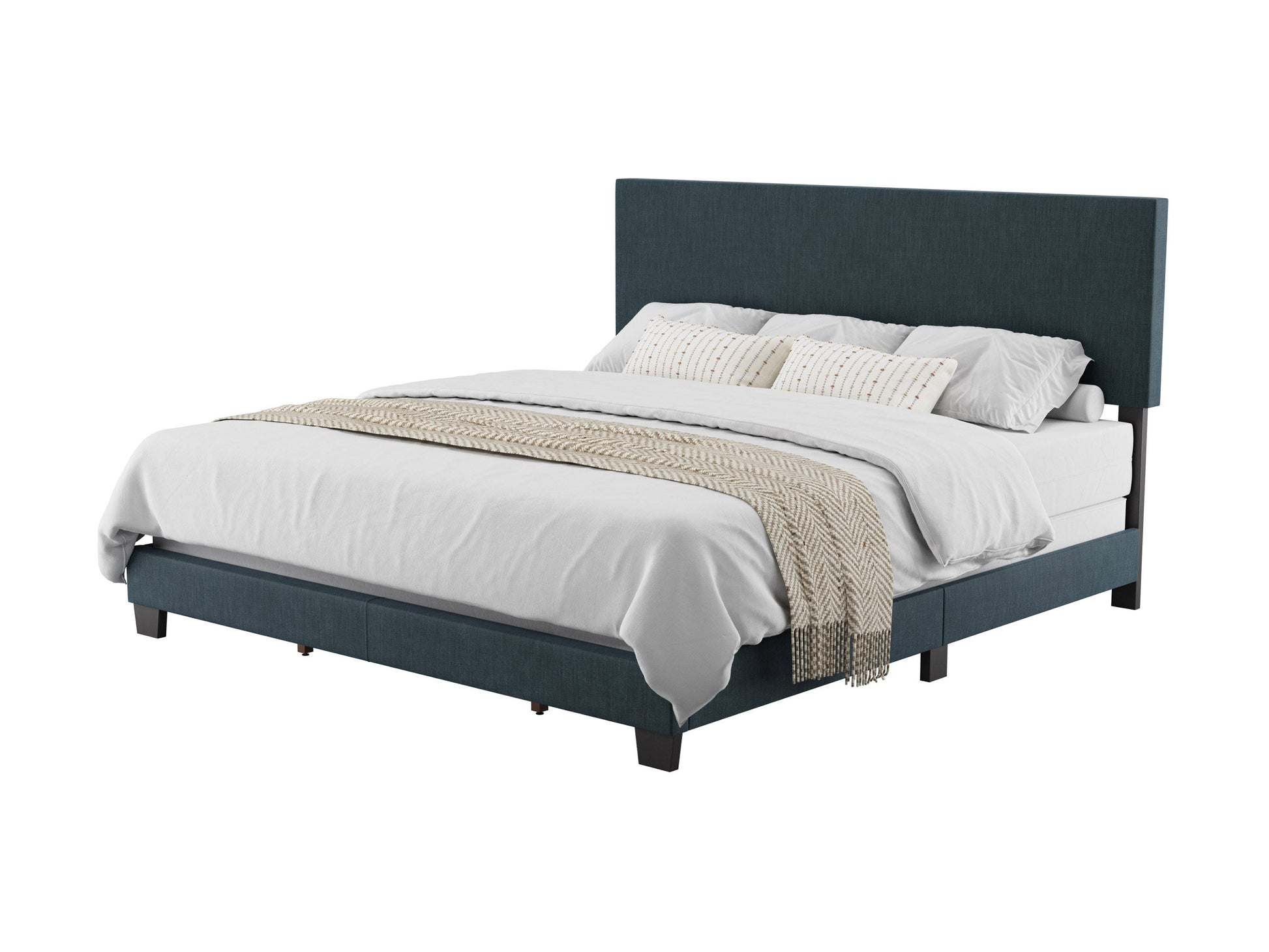 Blue modern king bed with upholstered headboard, sleek wooden frame, and minimalist design. Features plush fabric, sturdy construction, and contemporary style, perfect for a chic bedroom makeover.