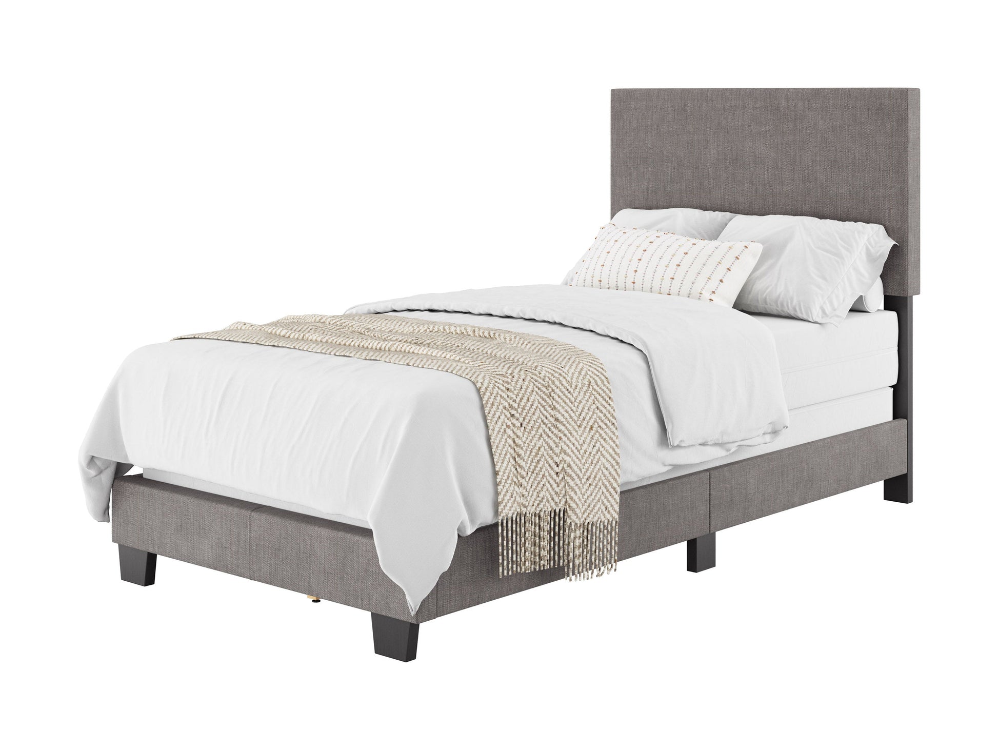 Modern twin bed with sleek grey fabric upholstery, tufted headboard, and sturdy wooden legs. Ideal for small bedrooms or guest rooms.