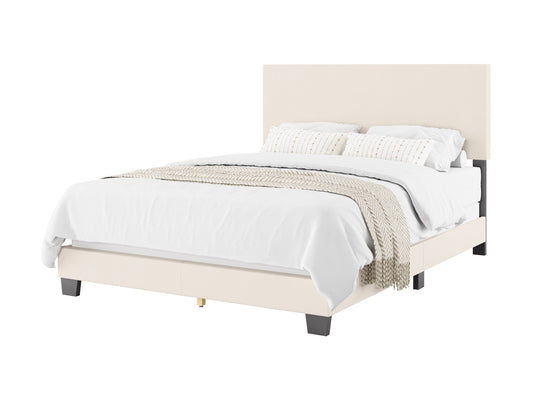 Cream boucle queen bed with plush, textured upholstery, featuring a high tufted headboard and sturdy wooden frame. Perfect for modern and cozy bedroom decor.