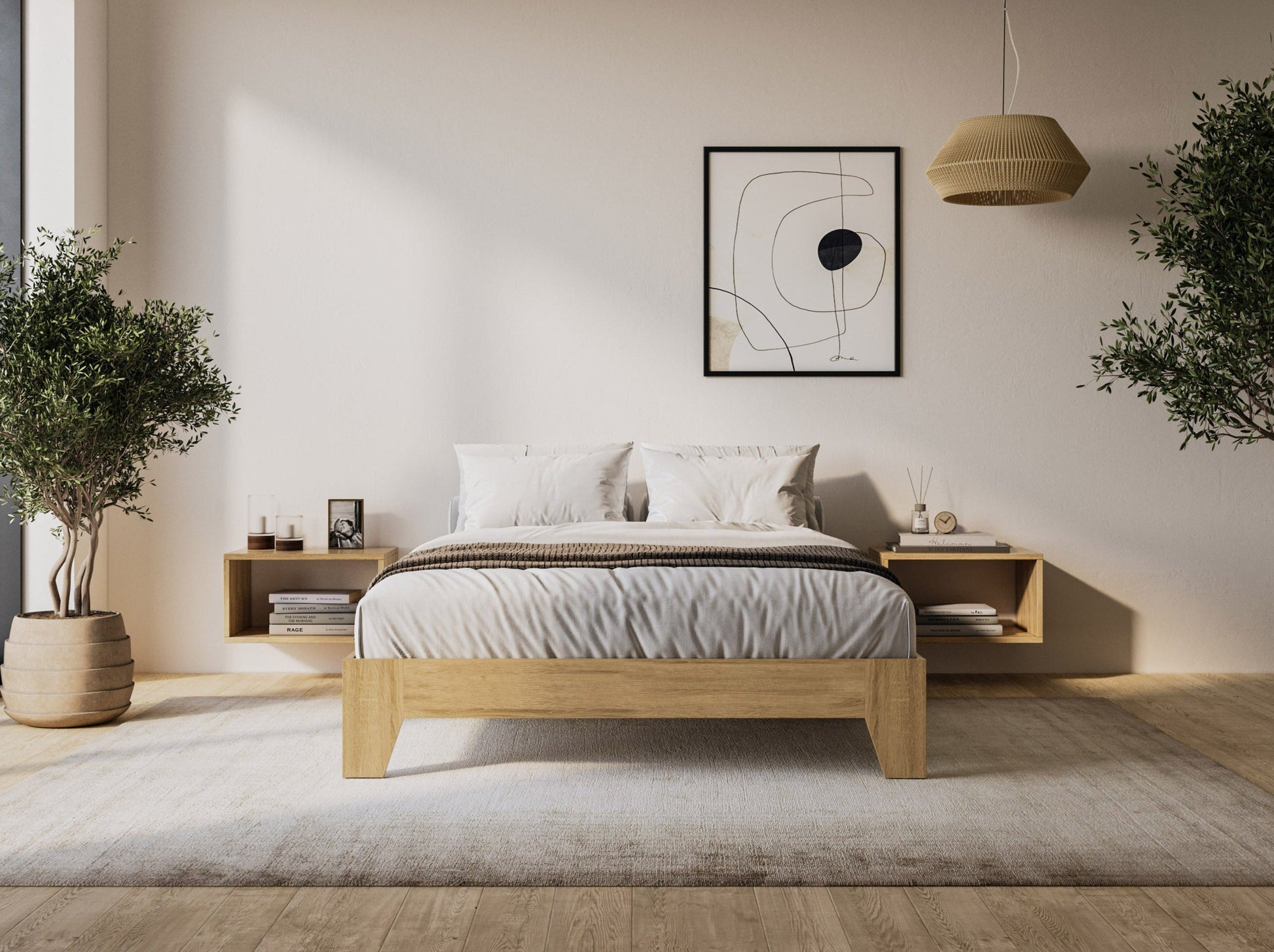 Gray upholstered full/double platform bed with tufted headboard, wooden legs, and a minimalist design. Ideal for modern bedrooms, offering sturdy support and contemporary style.