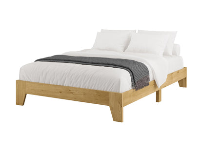 Gray upholstered full/double platform bed with tufted headboard, wooden legs, and a minimalist design. Ideal for modern bedrooms, offering sturdy support and contemporary style.