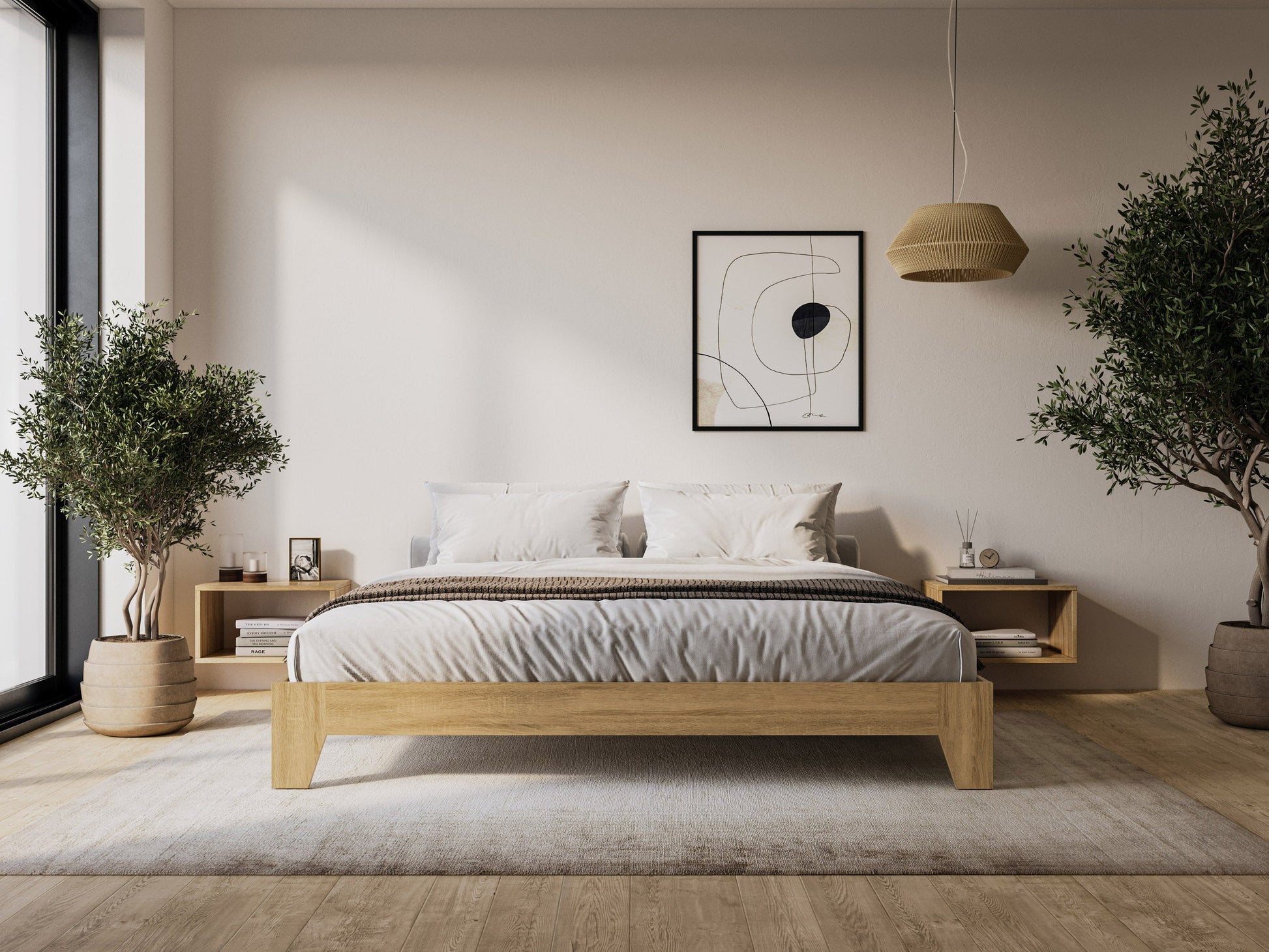 Dark wood king platform bed with a minimalist design, featuring a low-profile frame, slatted headboard, and sturdy construction. Ideal for modern bedrooms, this bed combines style and durability for a sleek look.