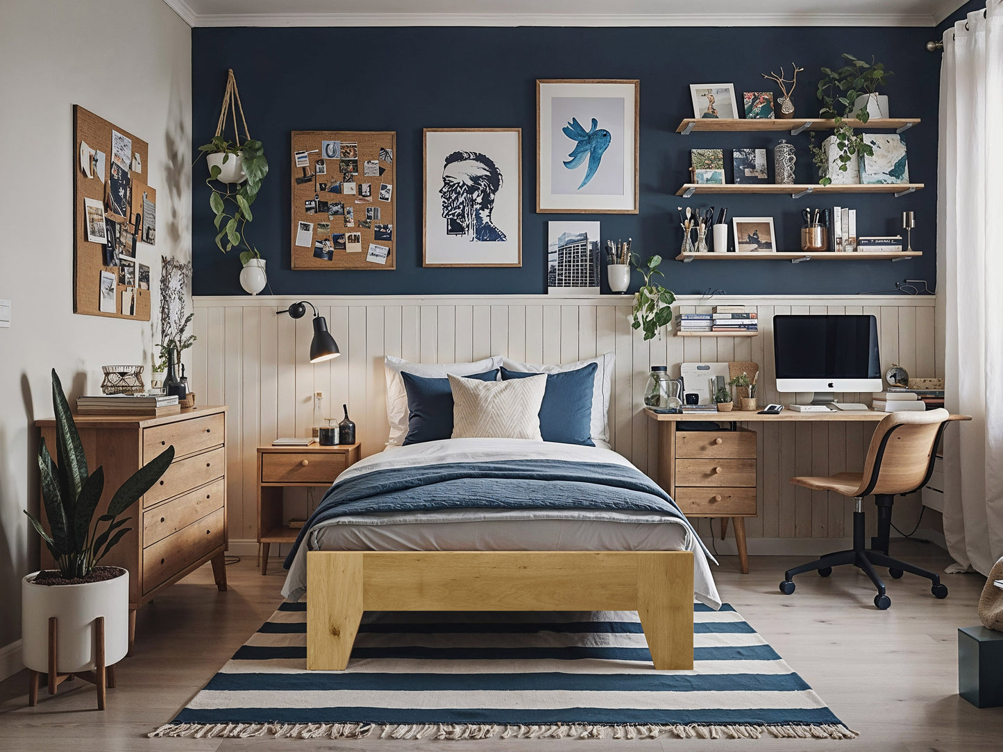 Dark wood king platform bed with a minimalist design, featuring a low-profile frame, slatted headboard, and sturdy construction. Ideal for modern bedrooms, this bed combines style and durability for a sleek look.