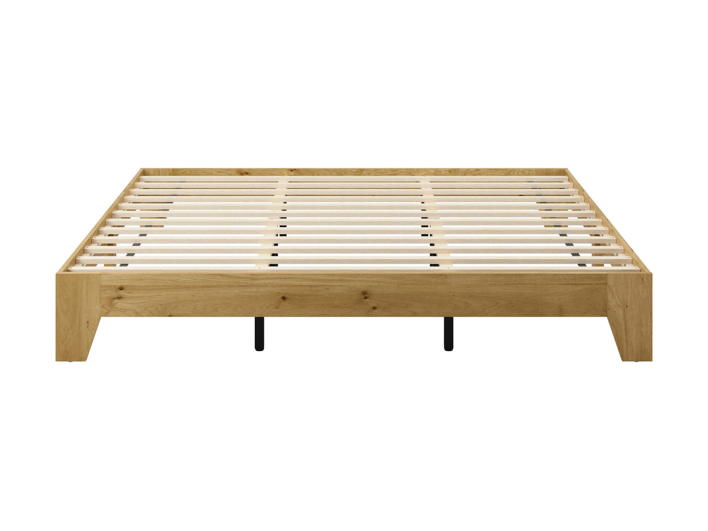 Dark wood king platform bed with a minimalist design, featuring a low-profile frame, slatted headboard, and sturdy construction. Ideal for modern bedrooms, this bed combines style and durability for a sleek look.