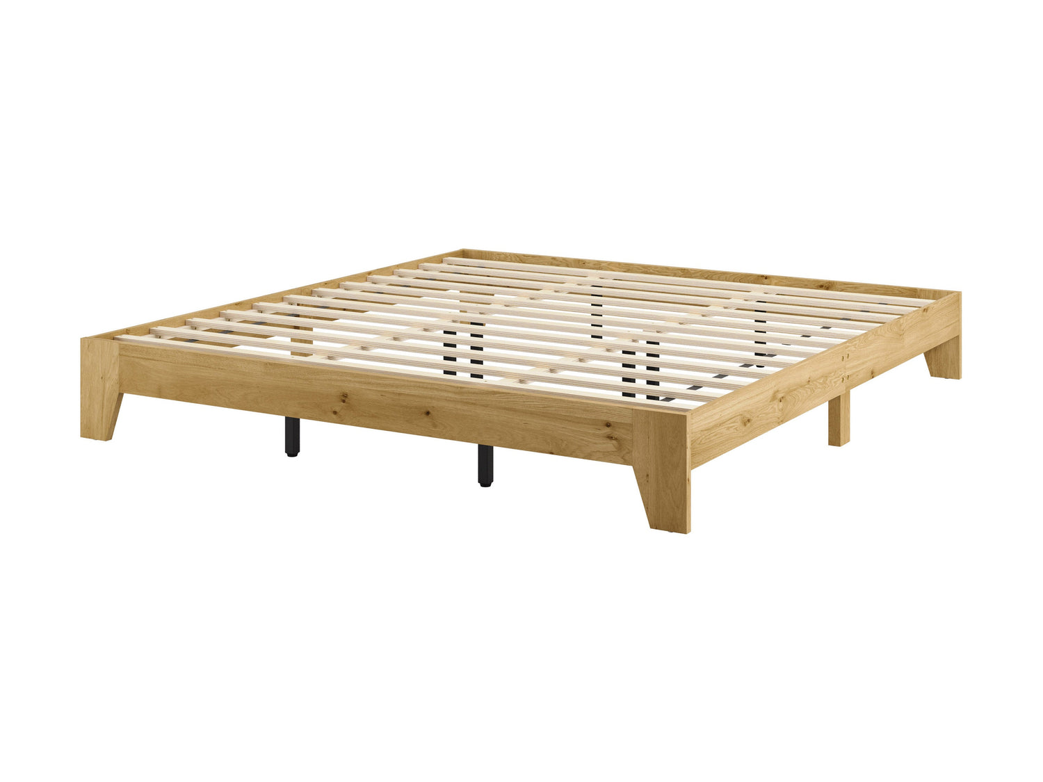 Dark wood king platform bed with a minimalist design, featuring a low-profile frame, slatted headboard, and sturdy construction. Ideal for modern bedrooms, this bed combines style and durability for a sleek look.