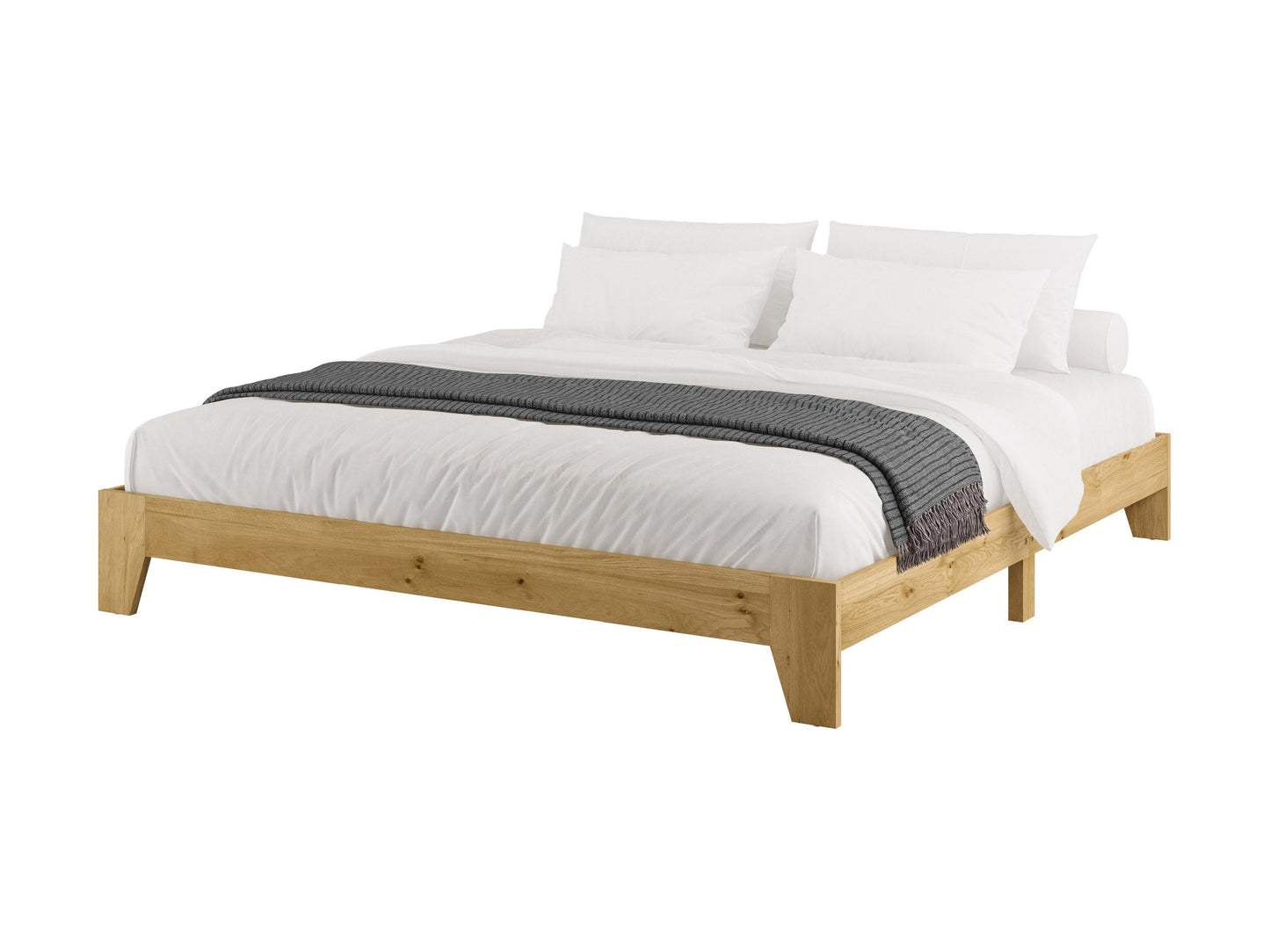 Dark wood king platform bed with a minimalist design, featuring a low-profile frame, slatted headboard, and sturdy construction. Ideal for modern bedrooms, this bed combines style and durability for a sleek look.