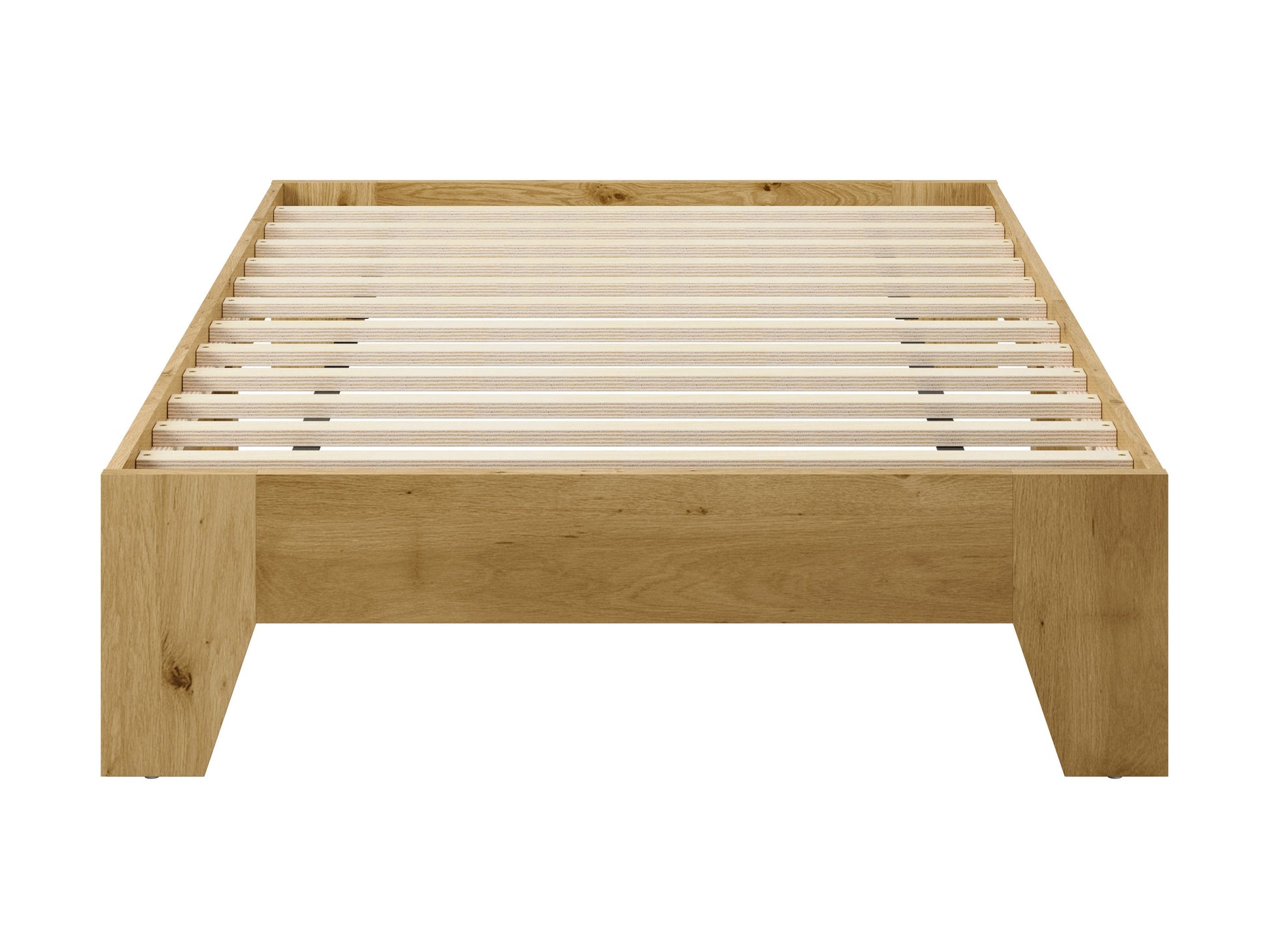 Dark wood twin platform bed with slatted headboard and footboard, featuring a minimalist design and sturdy construction. Ideal for small bedrooms, guest rooms, or kids' rooms.