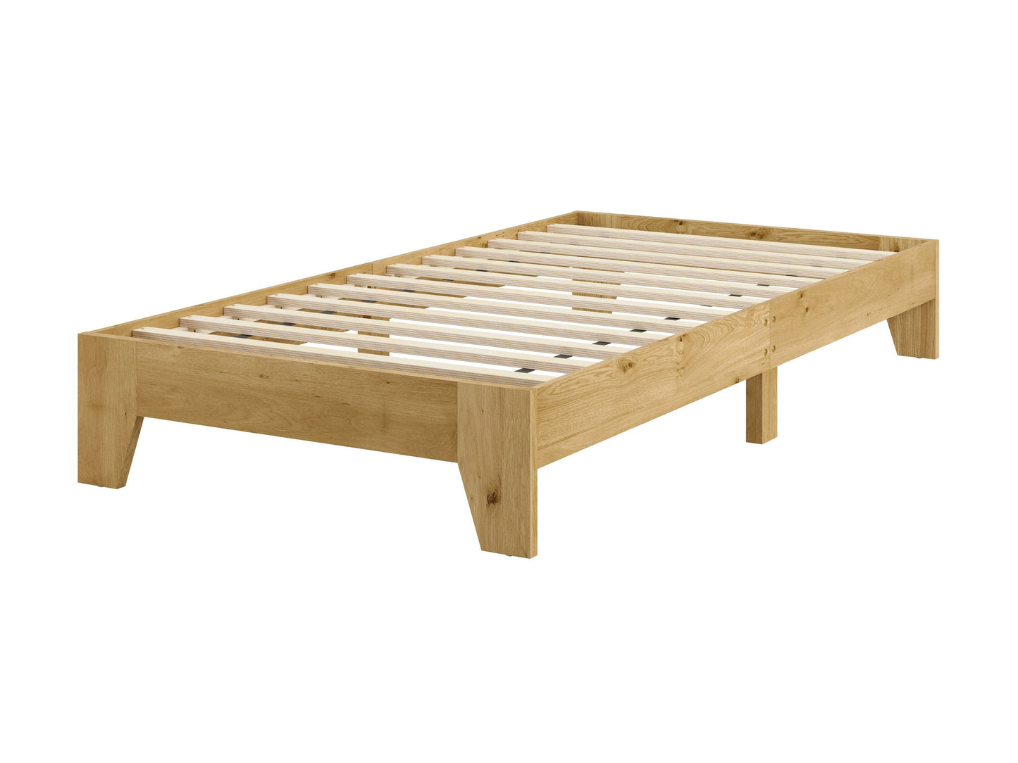 Dark wood twin platform bed with slatted headboard and footboard, featuring a minimalist design and sturdy construction. Ideal for small bedrooms, guest rooms, or kids' rooms.