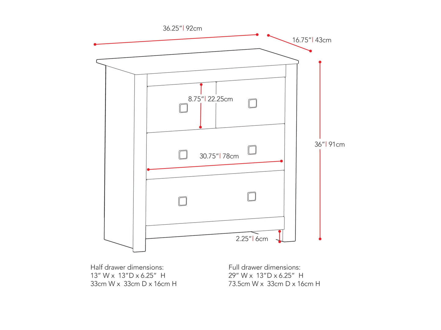 Modern 4 drawer dresser in warm oak finish with sleek black metal handles, featuring a minimalist design and sturdy construction ideal for bedroom or living room storage.