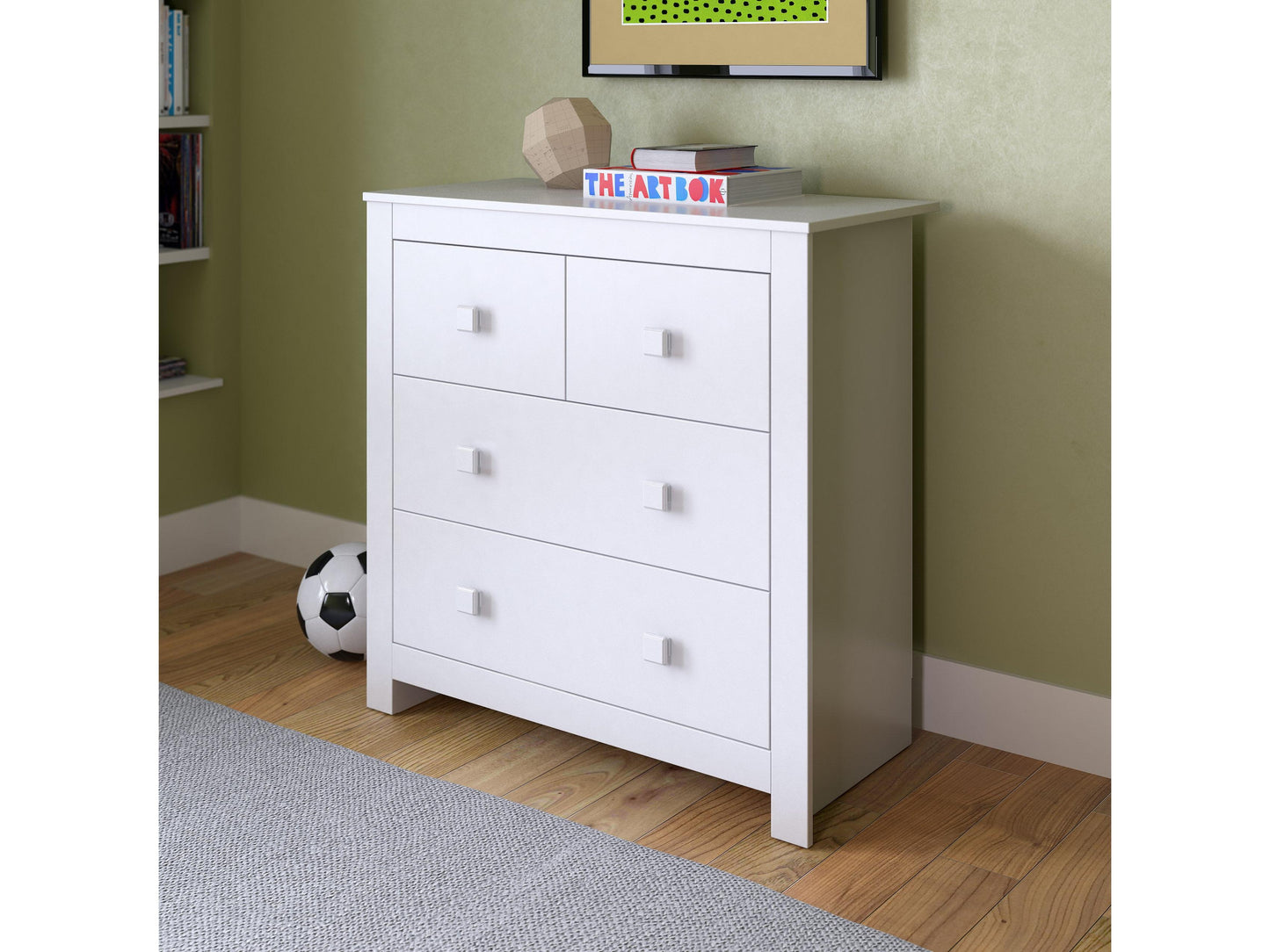 Modern 4 drawer dresser in white and natural wood finish with sleek metal handles and minimalist design, perfect for bedroom storage and contemporary decor.