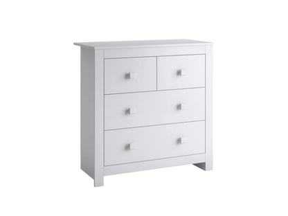 Modern 4 drawer dresser in sleek white finish with natural wood accents, featuring minimalist design, smooth metal handles, and spacious storage drawers. Ideal for contemporary bedroom decor.