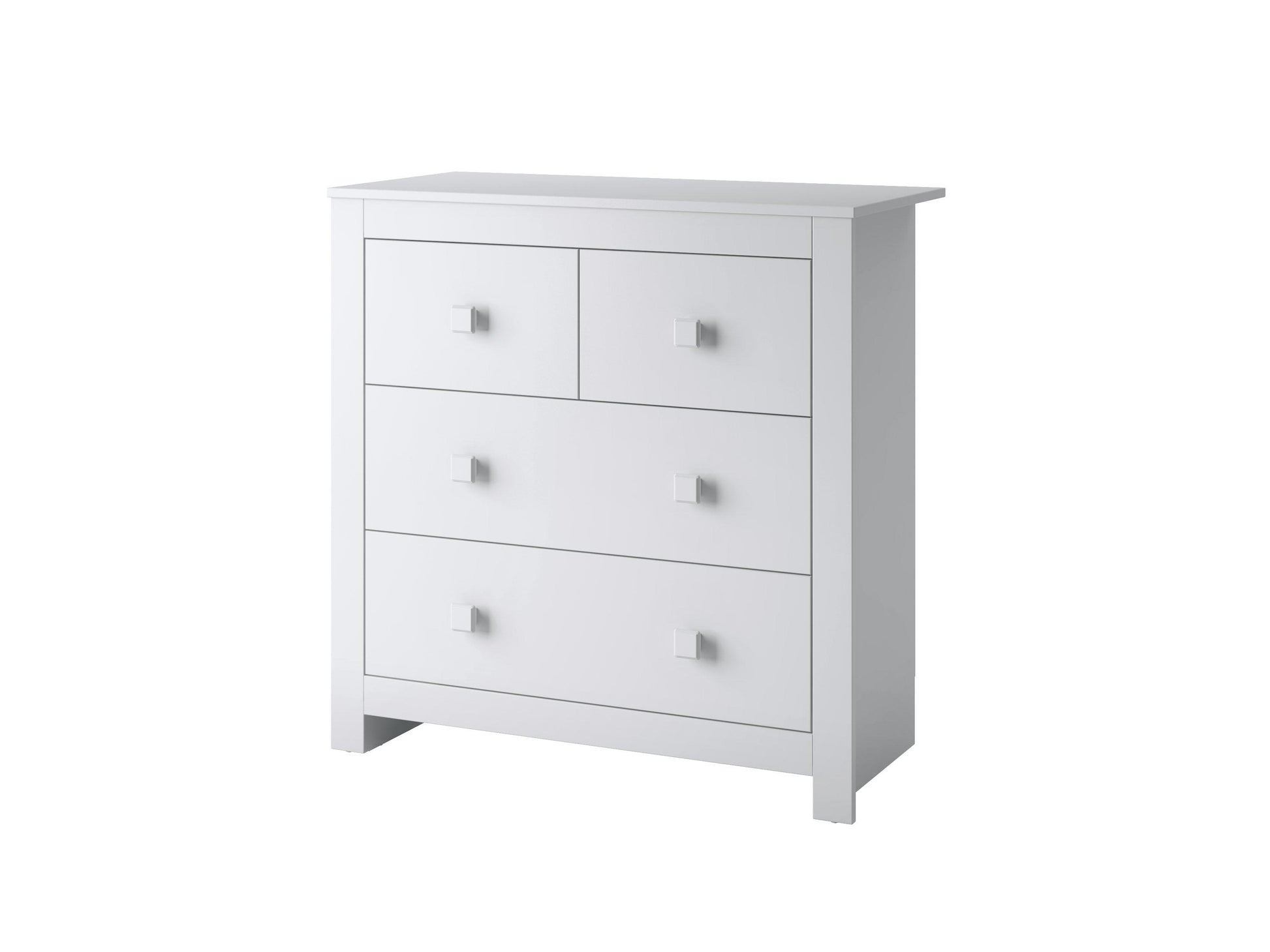 Modern 4 drawer white dresser with sleek metal handles, minimalist design, and smooth, glossy finish. Ideal for bedroom storage, blending contemporary style with functional elegance.