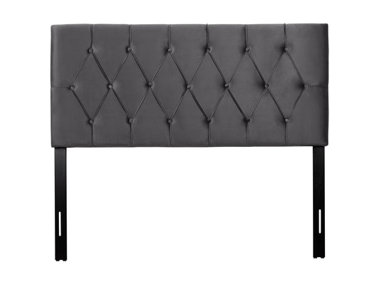 Dark grey velvet headboard for full/double bed with tufted design, soft texture, and elegant finish. Perfect for adding a sophisticated touch to bedroom decor.