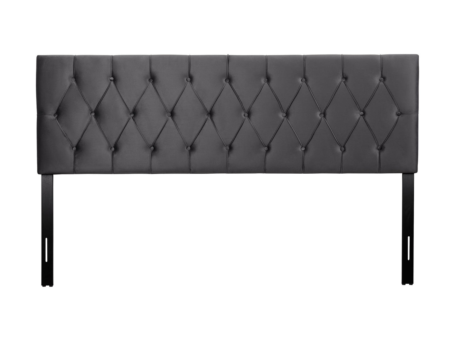 Dark grey velvet king-sized headboard with tufted design and plush texture, adding a luxurious and elegant touch to any bedroom decor.