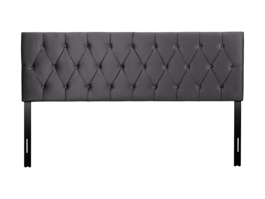 Dark grey velvet king-sized headboard with tufted design and plush texture, adding a luxurious and elegant touch to any bedroom decor.