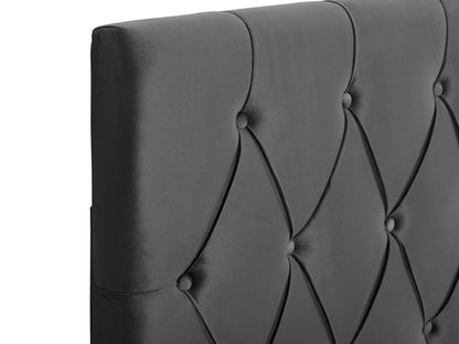 Dark grey velvet twin/single headboard with tufted design, soft texture, and elegant finish. Perfect for modern bedrooms, adding a touch of luxury and comfort.