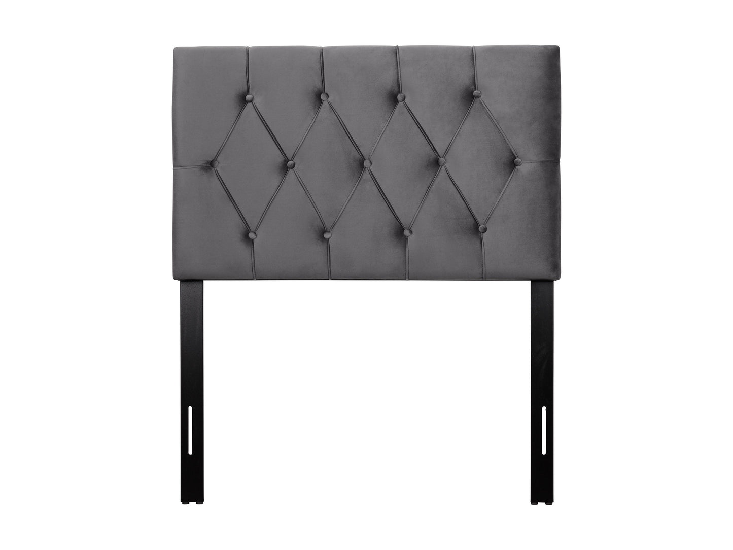 Dark grey velvet twin/single headboard with tufted design, soft texture, and elegant finish. Perfect for modern bedrooms, adding a touch of luxury and comfort.