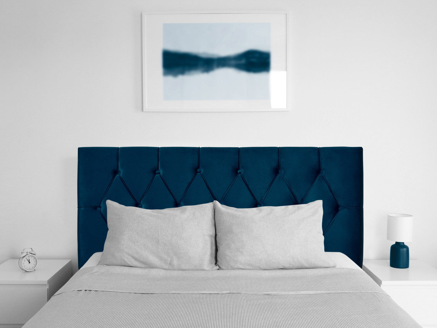 Navy blue velvet headboard for full/double bed with tufted design, soft texture, and elegant finish. Perfect for adding a touch of luxury to your bedroom decor.