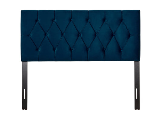 Navy blue velvet headboard for full/double bed with tufted design, soft texture, and elegant finish. Perfect for adding a touch of luxury to your bedroom decor.