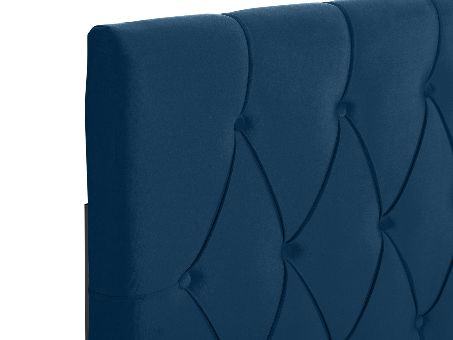 Navy blue velvet queen-sized headboard with tufted design, soft texture, and sturdy construction. Ideal for modern and elegant bedroom decor.