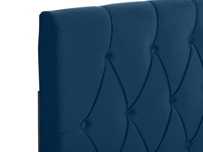 Navy blue velvet queen-sized headboard with tufted design, soft texture, and sturdy construction. Ideal for modern and elegant bedroom decor.