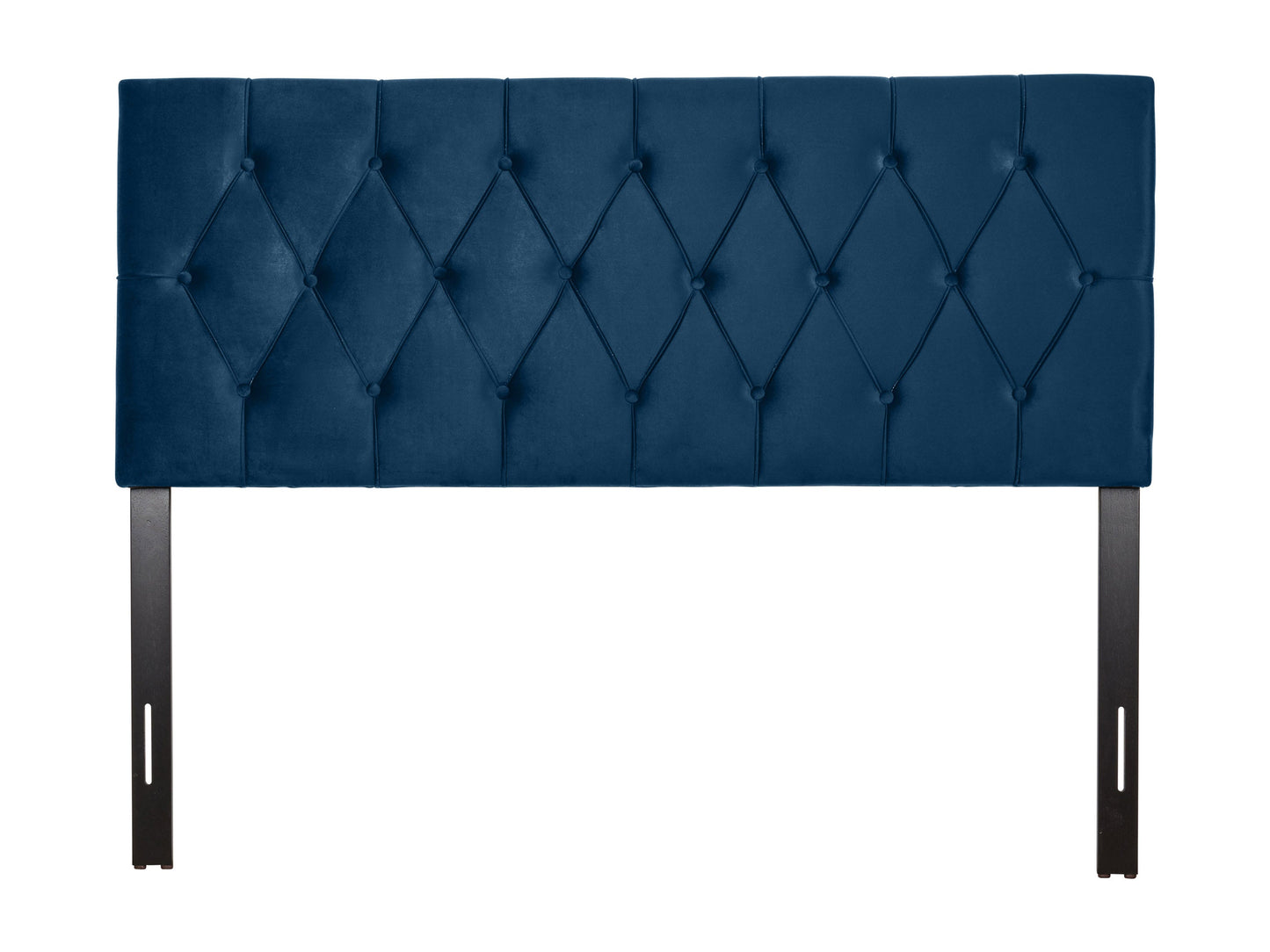 Navy blue velvet queen-sized headboard with tufted design, soft texture, and sturdy construction. Ideal for modern and elegant bedroom decor.