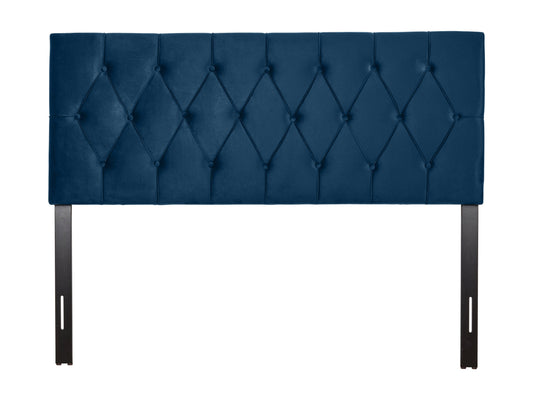 Navy blue velvet queen-sized headboard with tufted design, soft texture, and sturdy construction. Ideal for modern and elegant bedroom decor.