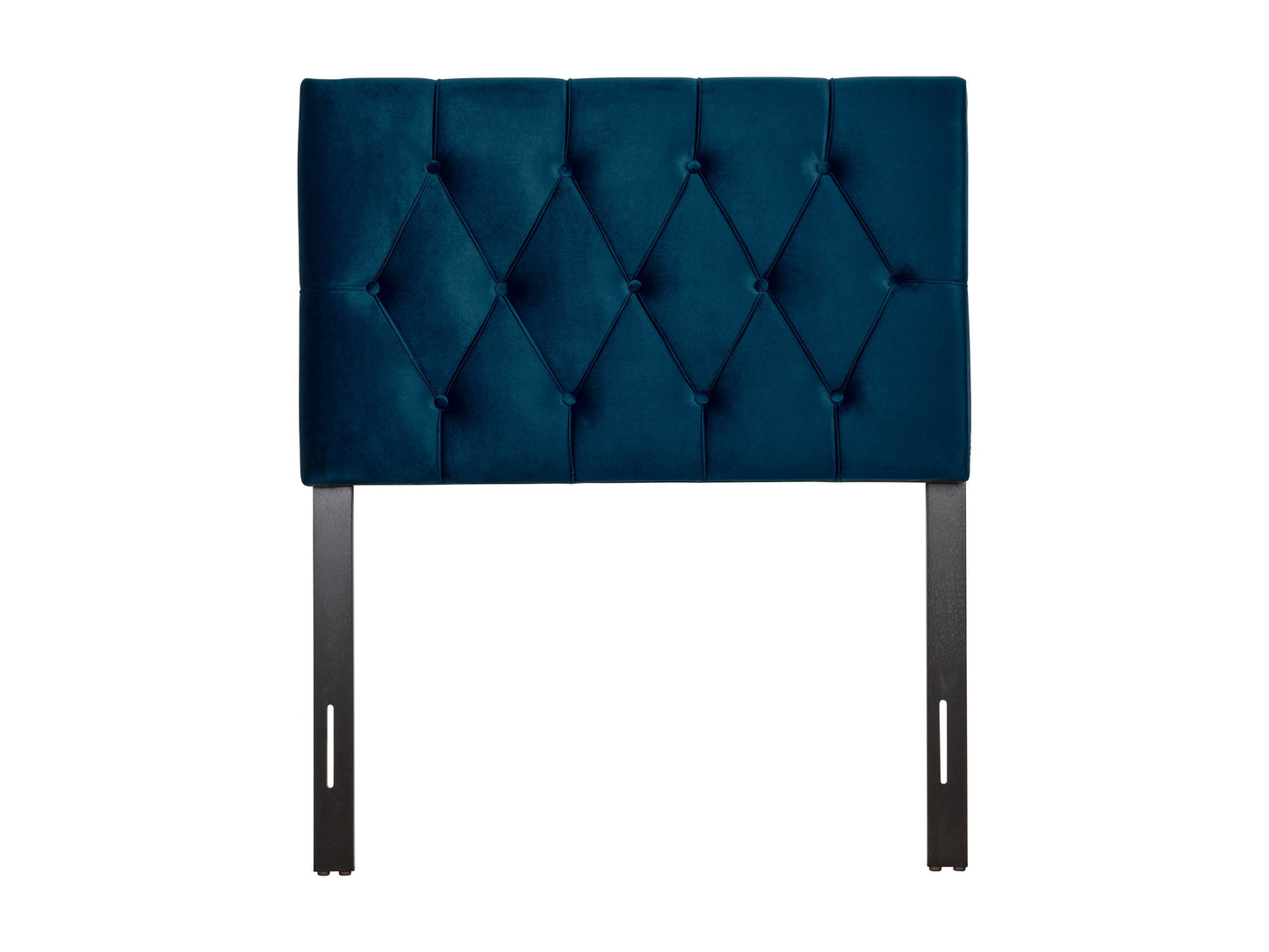 Navy blue velvet headboard for twin/single bed, featuring plush, tufted design with button details, soft texture, and sturdy construction. Perfect for adding a touch of elegance and comfort to any bedroom.