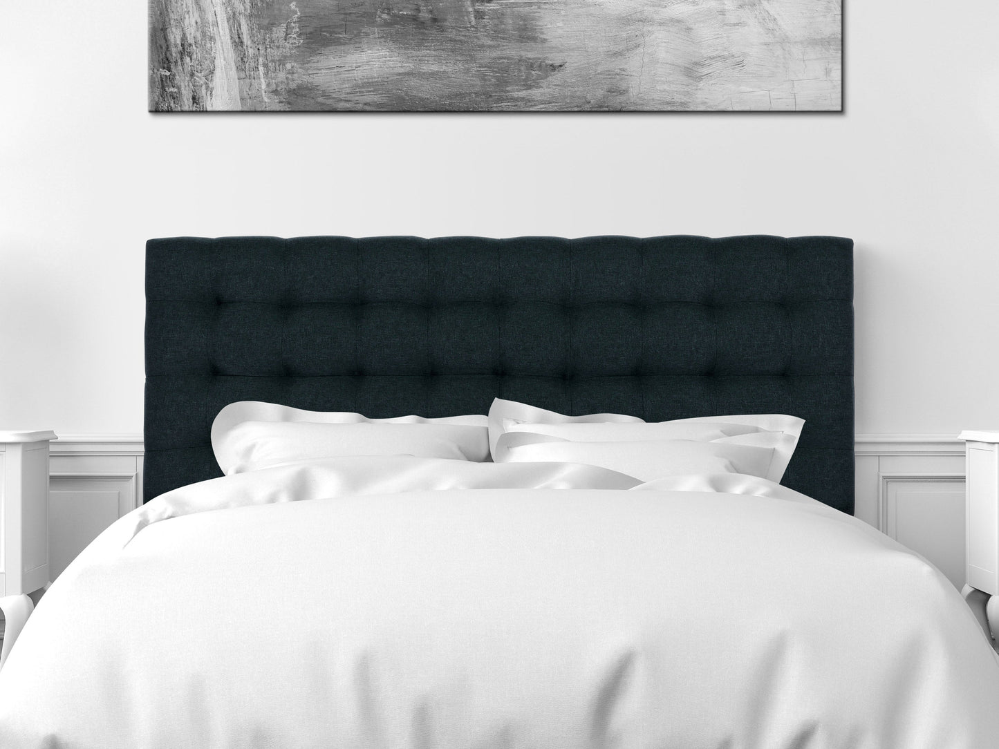 Blue modern queen-sized headboard with tufted design, soft velvet upholstery, and sleek rectangular shape; perfect for contemporary bedroom decor.