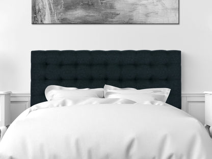 Blue modern queen-sized headboard with tufted design, soft velvet upholstery, and sleek rectangular shape; perfect for contemporary bedroom decor.