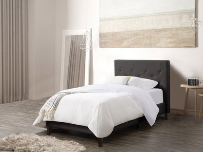 Dark grey button-tufted twin bed with upholstered headboard, sleek wooden legs, and a modern design, perfect for stylish and comfortable bedroom decor.