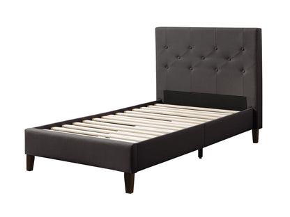 Dark grey button-tufted twin bed with upholstered headboard, sleek wooden legs, and a modern design, perfect for stylish and comfortable bedroom decor.