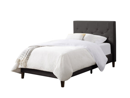 Dark grey button-tufted twin bed with upholstered headboard, sleek wooden legs, and a modern design, perfect for stylish and comfortable bedroom decor.