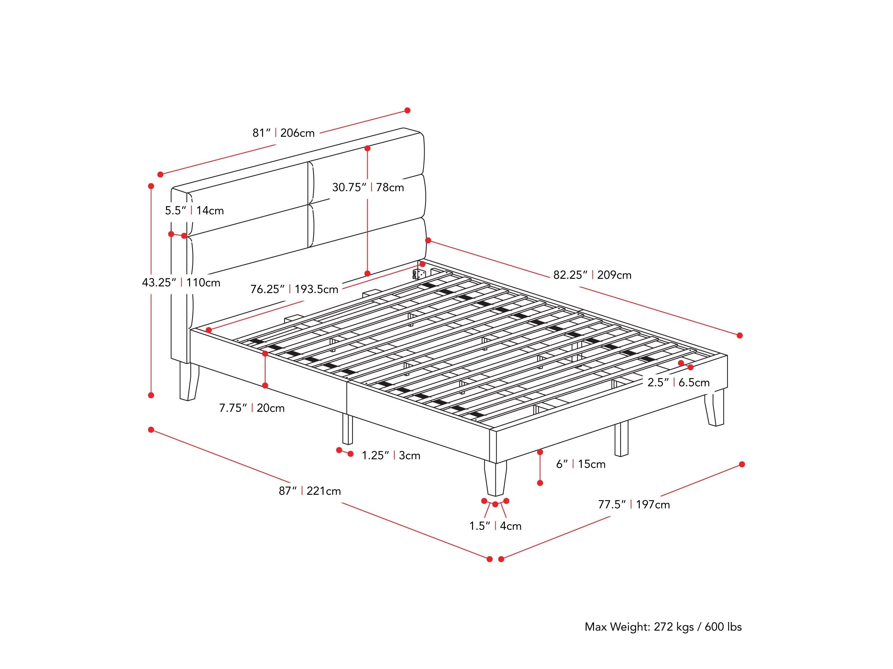 grey Upholstered King Bed Bellevue Collection measurements diagram by CorLiving#color_bellevue-light-grey