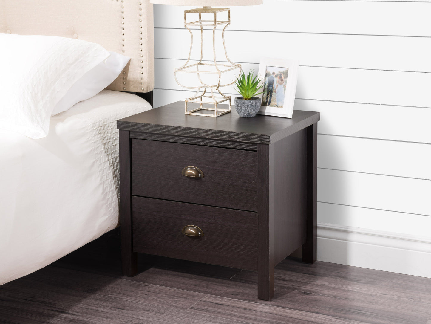 Black 2 drawer night stand with sleek modern design, featuring minimalist handles, smooth matte finish, and sturdy wooden construction. Ideal for bedroom storage and organization.